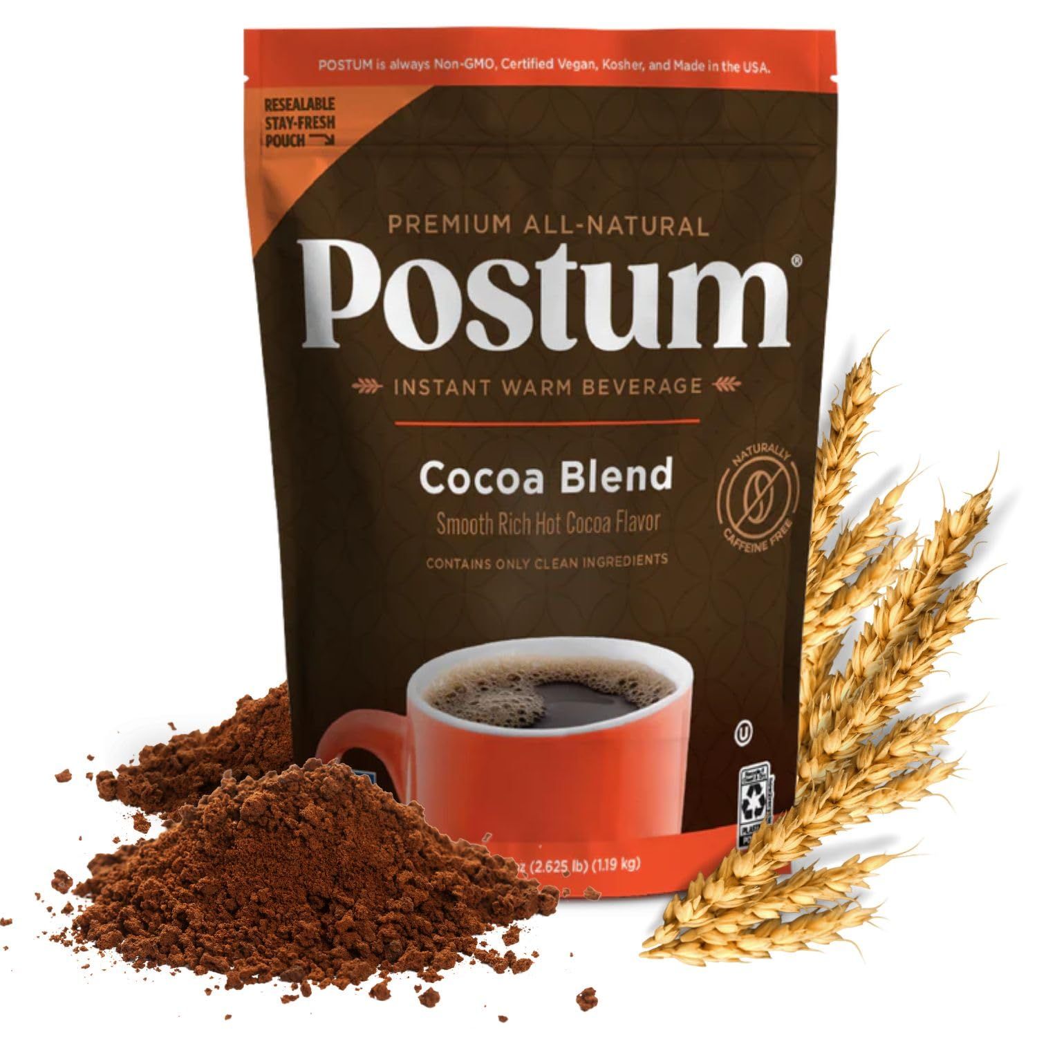 Postum Cocoa Blend Flavor Coffee Substitute Caffeine Free Delight with Roasted Wheat Bran &amp; Molasses (42oz) | Natural, Non-GMO, Vegan &amp; Healthy Coffee Alternative Caffeine Free Hot Chocolate