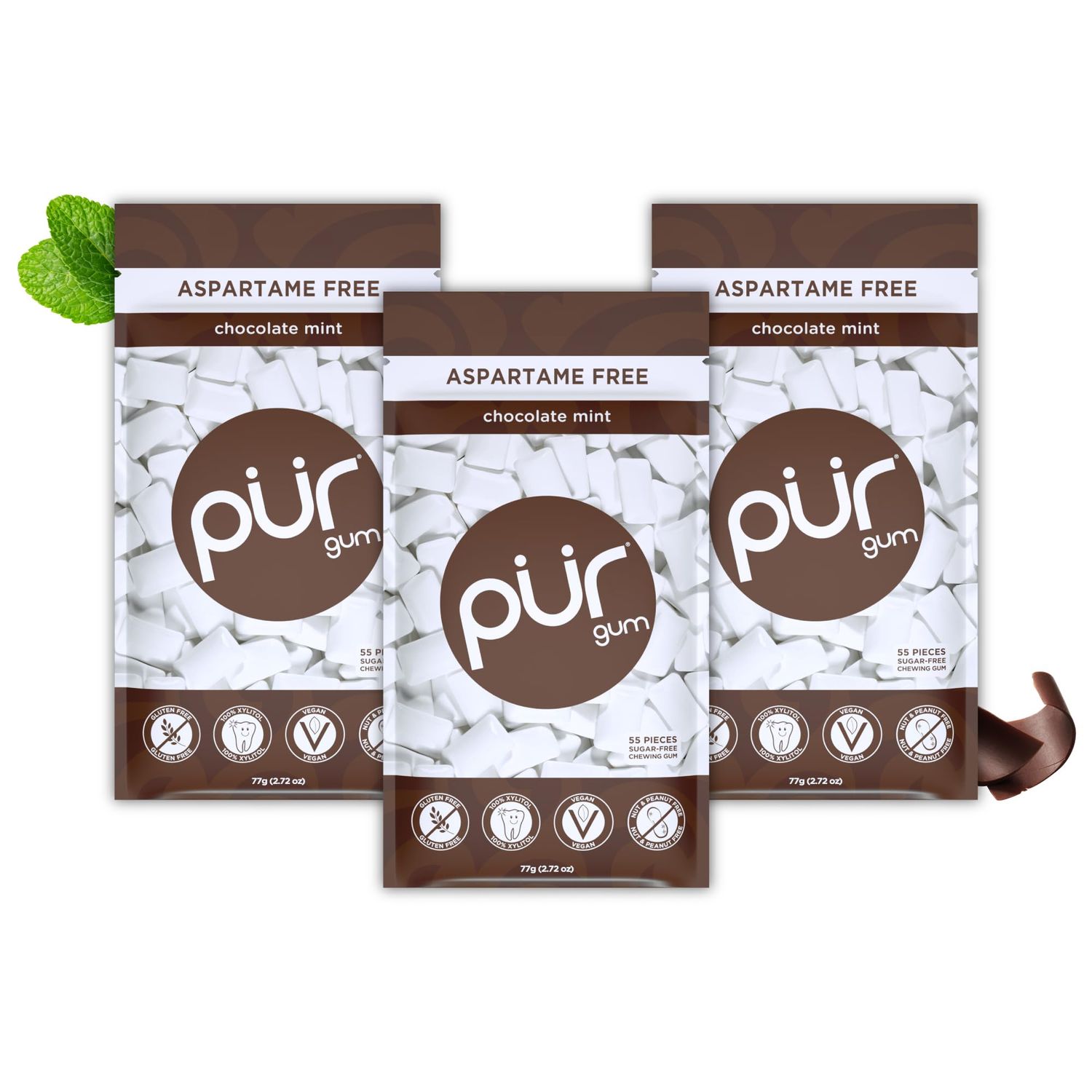 PUR Gum | Aspartame Free Chewing Gum | 100% Xylitol | Natural Chocolate Mint Flavored Gum, 55 Pieces (Pack of 3)