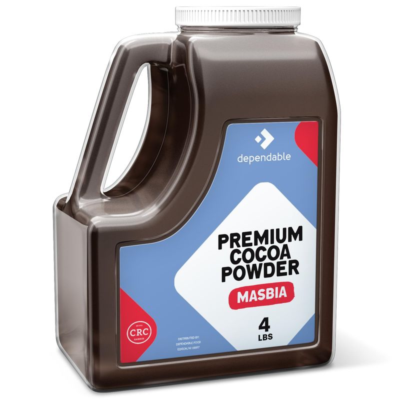 Dependable Foods Premium Cocoa Powder - 4 Lb. Jar - Dutch Processed - Bulk, Kosher, Rich Chocolate Flavor - Allergen-Free, Gluten-Free, Non-GMO