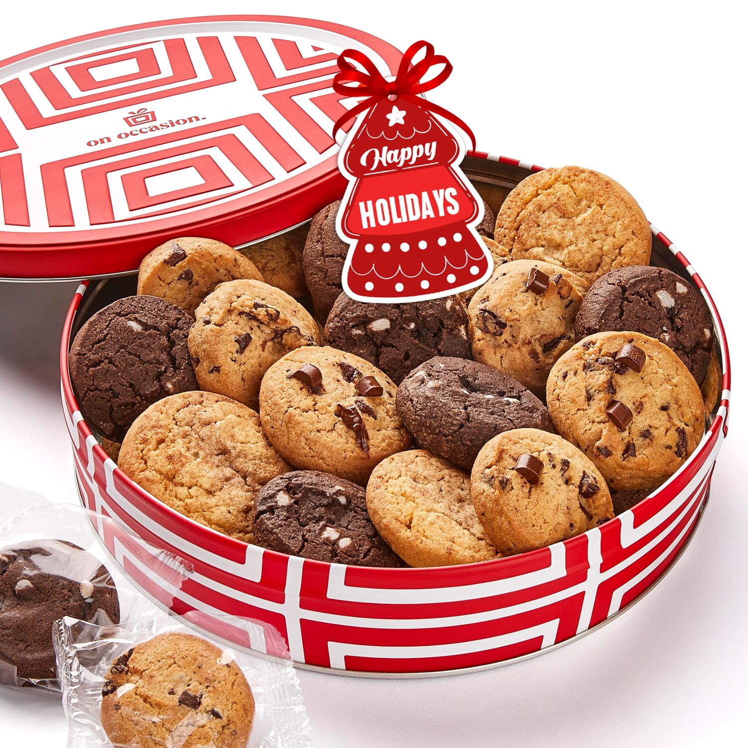 Christmas Cookies Gift Basket in Tin - Individually Wrapped Fresh Baked Chocolate Chip Cookies Variety Christmas Gift for Family By On Occasion