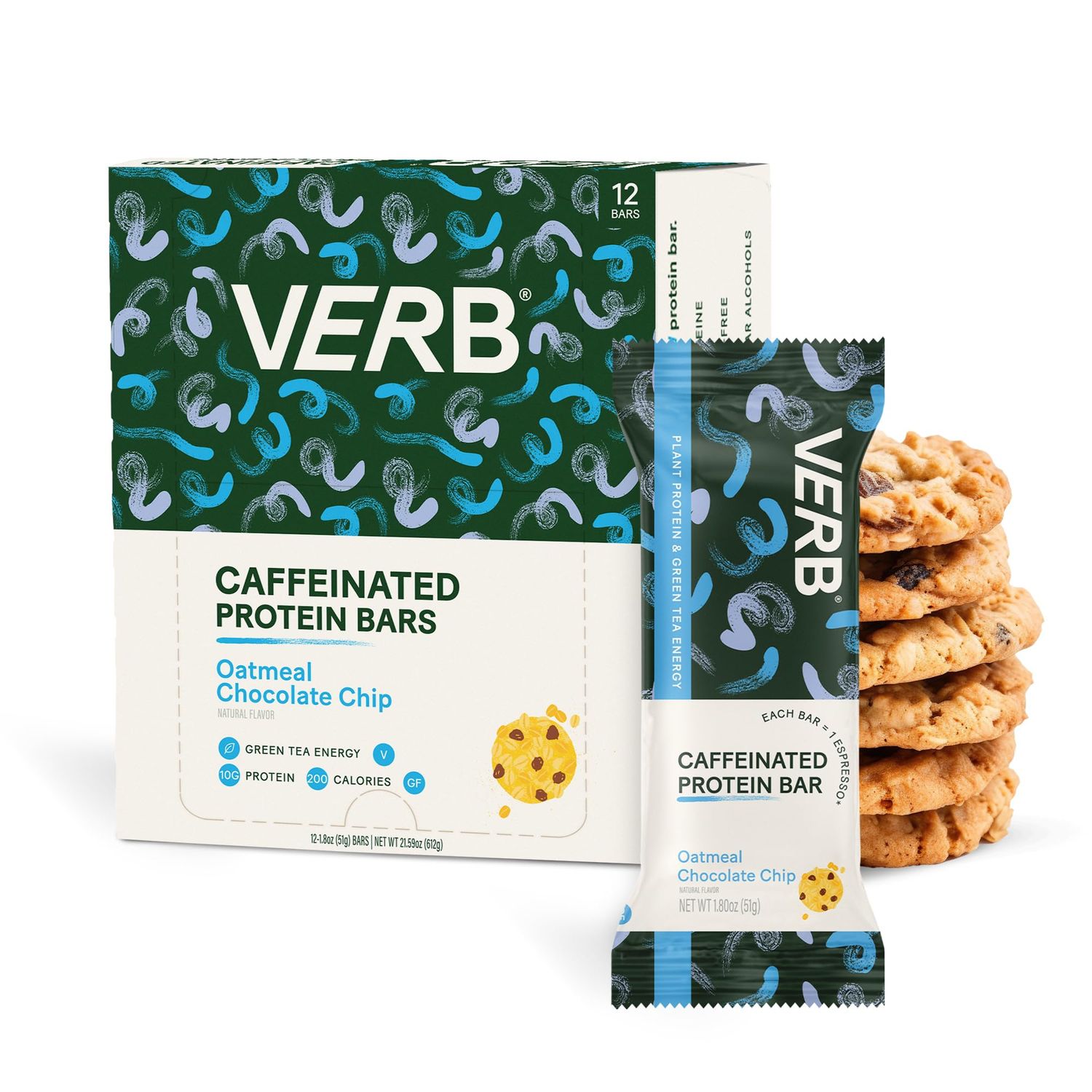 Verb Energy - Oatmeal Chocolate Chip Caffeinated Protein Bars - 200 Calorie -10g Plant Based Protein Bar - Vegan Snacks - Gluten Free Breakfast Bars with Organic Green Tea, 51g (Pack of 12)
