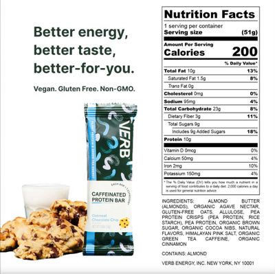 Verb Energy - Oatmeal Chocolate Chip Caffeinated Protein Bars - 200 Calorie -10g Plant Based Protein Bar - Vegan Snacks - Gluten Free Breakfast Bars with Organic Green Tea, 51g (Pack of 12)