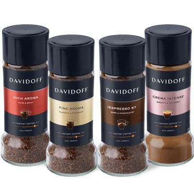 DAVIDOFF Instant Coffee Quartet - Rich Aroma, Fine Aroma, Espresso 57 and Crema Intense Bundle - 100% Arabica Beans - Rich Spice, Delicate Florals, Deep Chocolate, and Velvety Foam, 4 x 3.52 oz