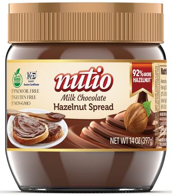 Nutio Milk Chocolate Hazelnut Spread - 92% More Hazelnut, 53% Less Added Sugar, Palm Oil Free, Gluten Free, Non-GMO, Peanut Free - 14 oz Glass Jar