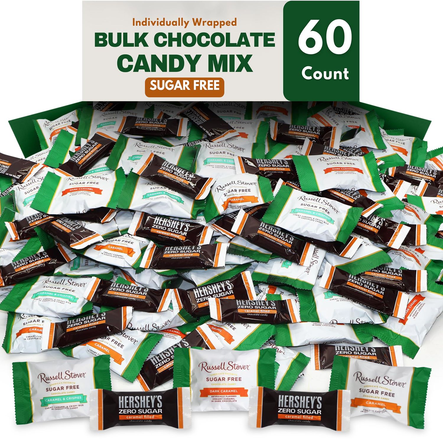 Bulk Sugar Free Chocolate Caramel Candy Variety Pack - 60 Pieces Bulk Zero Sugar Assorted Chocolate Bars Mix Candy For Party, School Snacks, and Office Treats