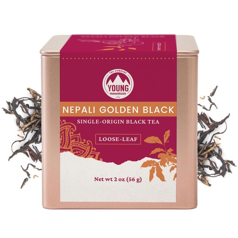 Young Mountain Tea Organic Nepali Golden Black Loose-Leaf Tea - Premium Full-Bodied, Aromatic Black Tea, Handpicked from Nepal, Notes of Milk Chocolate &amp; Honey, Whole Black Tea Leaves 2 oz Tin