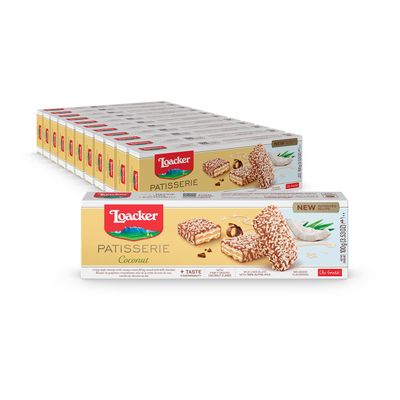 Loacker Patisserie Coconut - Premium Bite Size Milk Chocolate Covered Crispy Wafer Cookies with Coconut Cream Filling and aromatic coconut flakes - Pack of 12