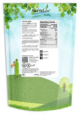 Food to Live Cacao Nibs, 4 Pounds - Raw, Unsweetened, Kosher, Vegan, Keto and Paleo Friendly, Made from Antioxidant Rich Cacao Beans, Cacao BIts for Chocolate, Sirtfood, Bulk