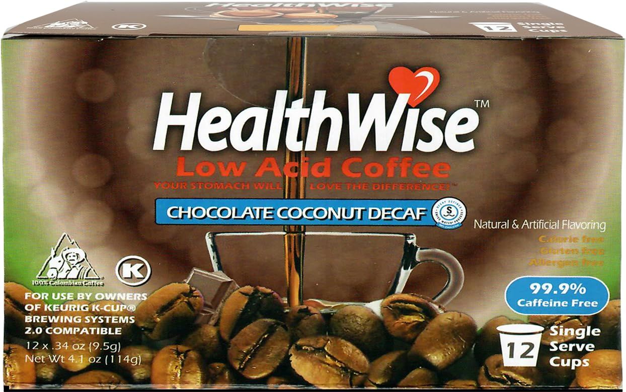 Healthwise Chocolate Coconut Decaf Low Acid Coffee K-Cups - Swiss Water Process - Acid Reflux, Heartburn, Gastro Issues - 12 Count (Pack of 1)