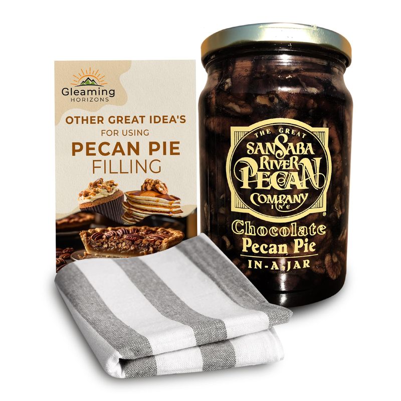 Gleaming Horizons Chocolate Pecan Pie Filling in a Jar with Kitchen Tea Towel and Dessert Guide Gift Set Bundle for Thanksgiving Christmas and Everyday Bakery Desserts, 3 Items
