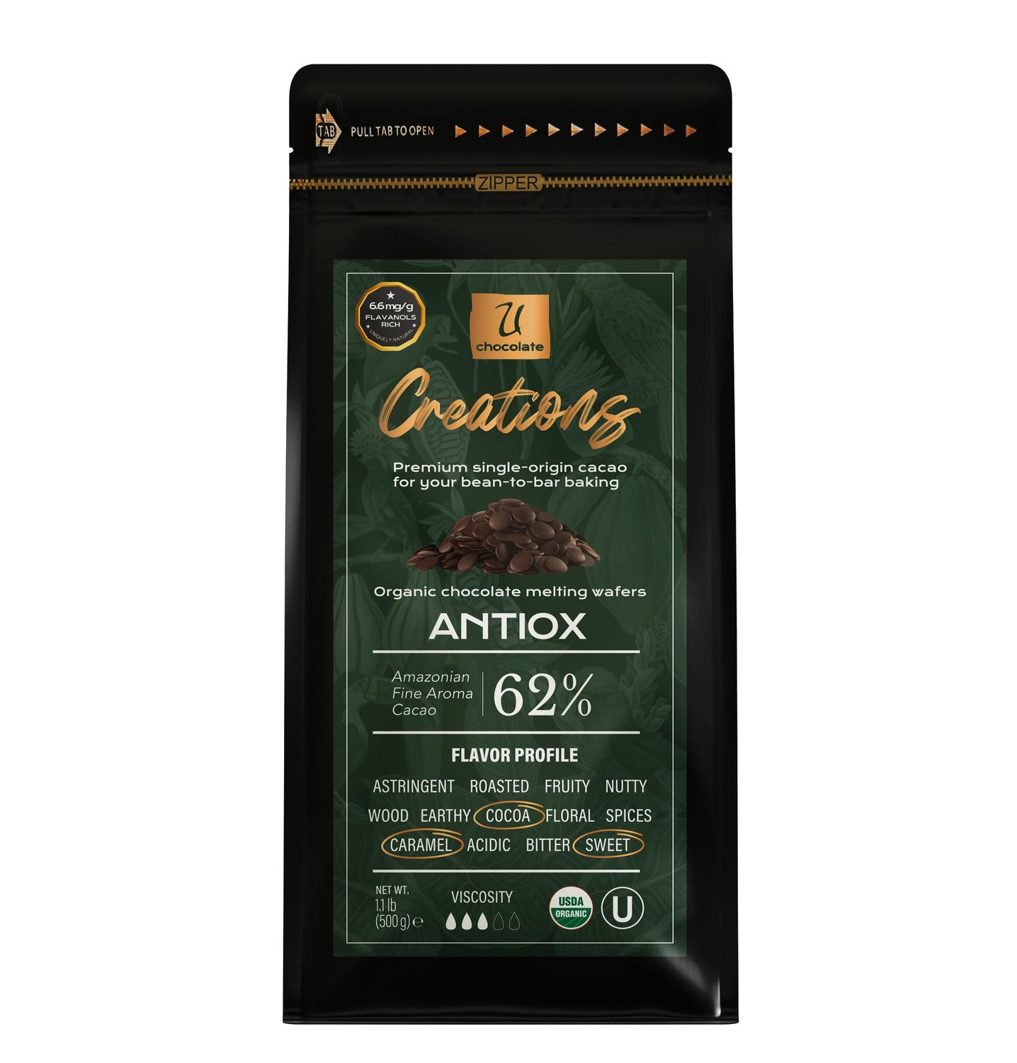 U Organic Dark Chocolate Melting Wafers Extra High Flavanol Content, Fresh from our Farm - Baking, Dipping, Enrobing, Molding and Glazing (Creations 62% ANTIOX, 1.1 Lb)