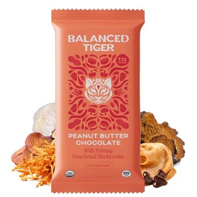 Organic Functional Mushroom Protein Bars | Full Dose (1500mg) Lions Mane, Chaga, Reishi &amp; Cordyceps Bars | Vegan Protein Bars, Adaptogens, Superfoods Protein Bars | Peanut Butter Chocolate Flavor