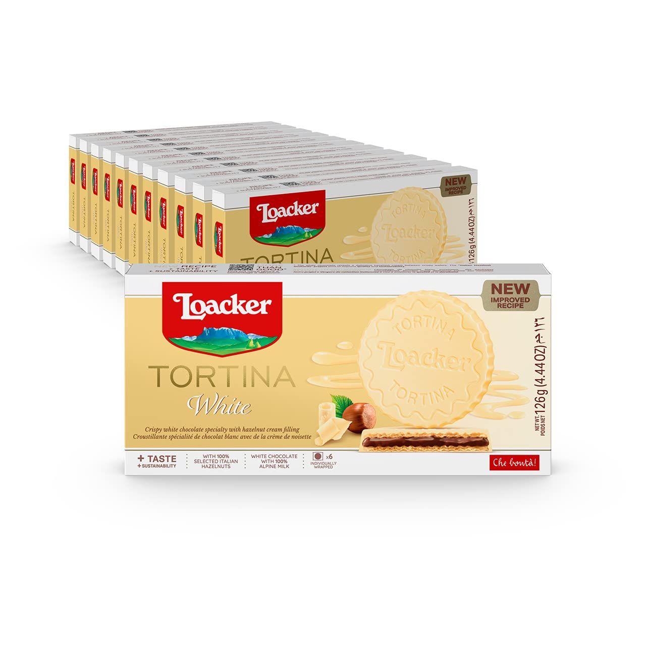 Loacker Tortina White - Individually Wrapped Premium White Chocolate Enrobed Crispy Wafer Tartlets with Hazelnut Cream Filling - Pack of 12