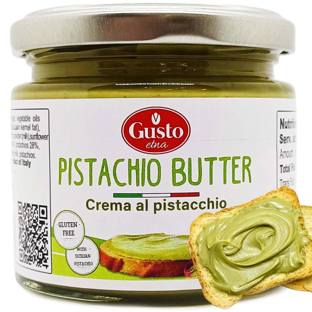 Pistachio Butter Sweet Spreadable Cream, 6.7 oz (190g) Rich &amp; Nutty Pistachio Cream Spread for Knafeh Pistachio Chocolate Bars, Italian Pistachio Paste, Product of Sicily, Italy, No GMO, Gusto ETNA