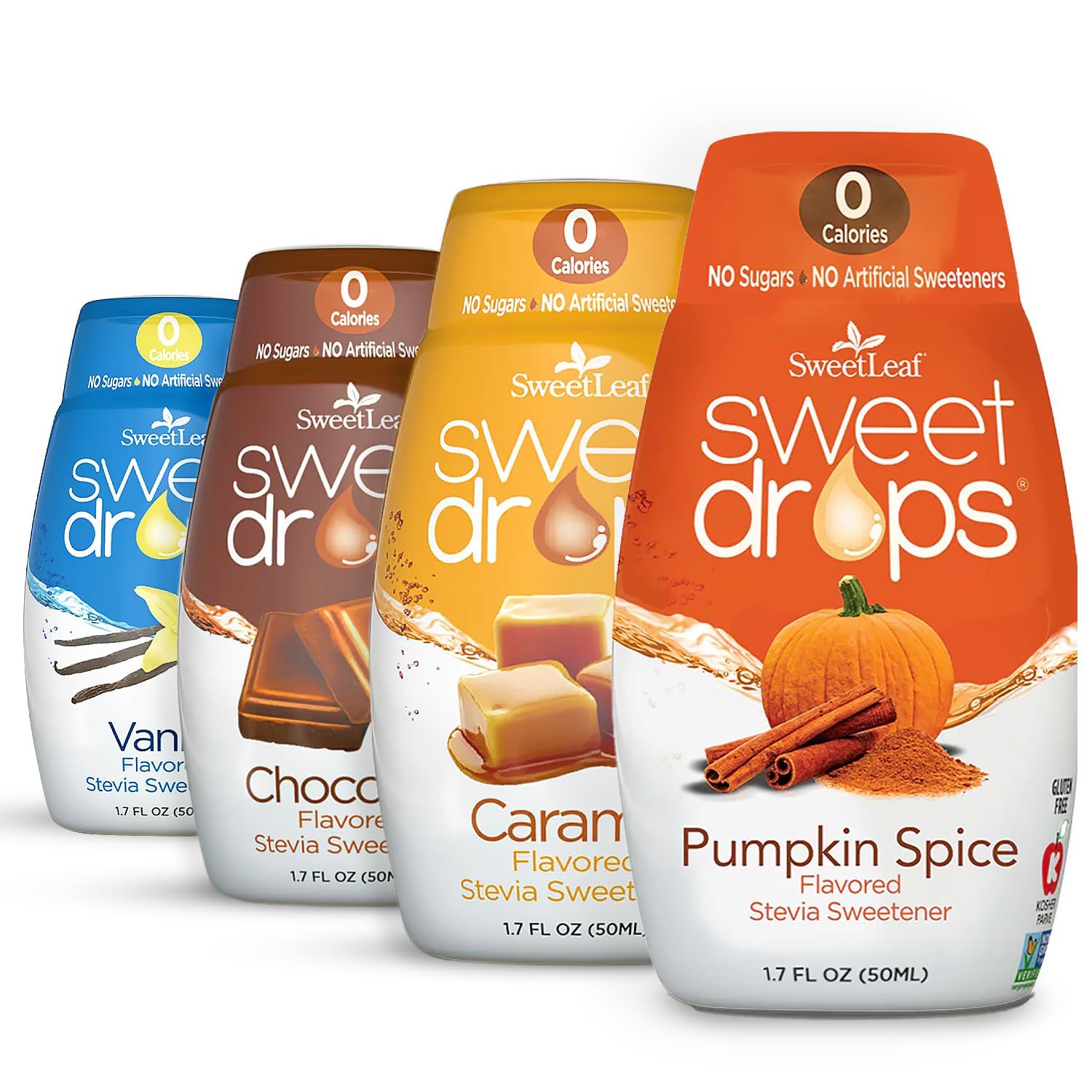 SweetLeaf Sweet Drops - Stevia Liquid Variety Pack, Chocolate, Caramel, Vanilla, Pumpkin Spice, Sugar-Free Coffee Syrup Alternative, 1.7 Oz Ea (Pack of 4)