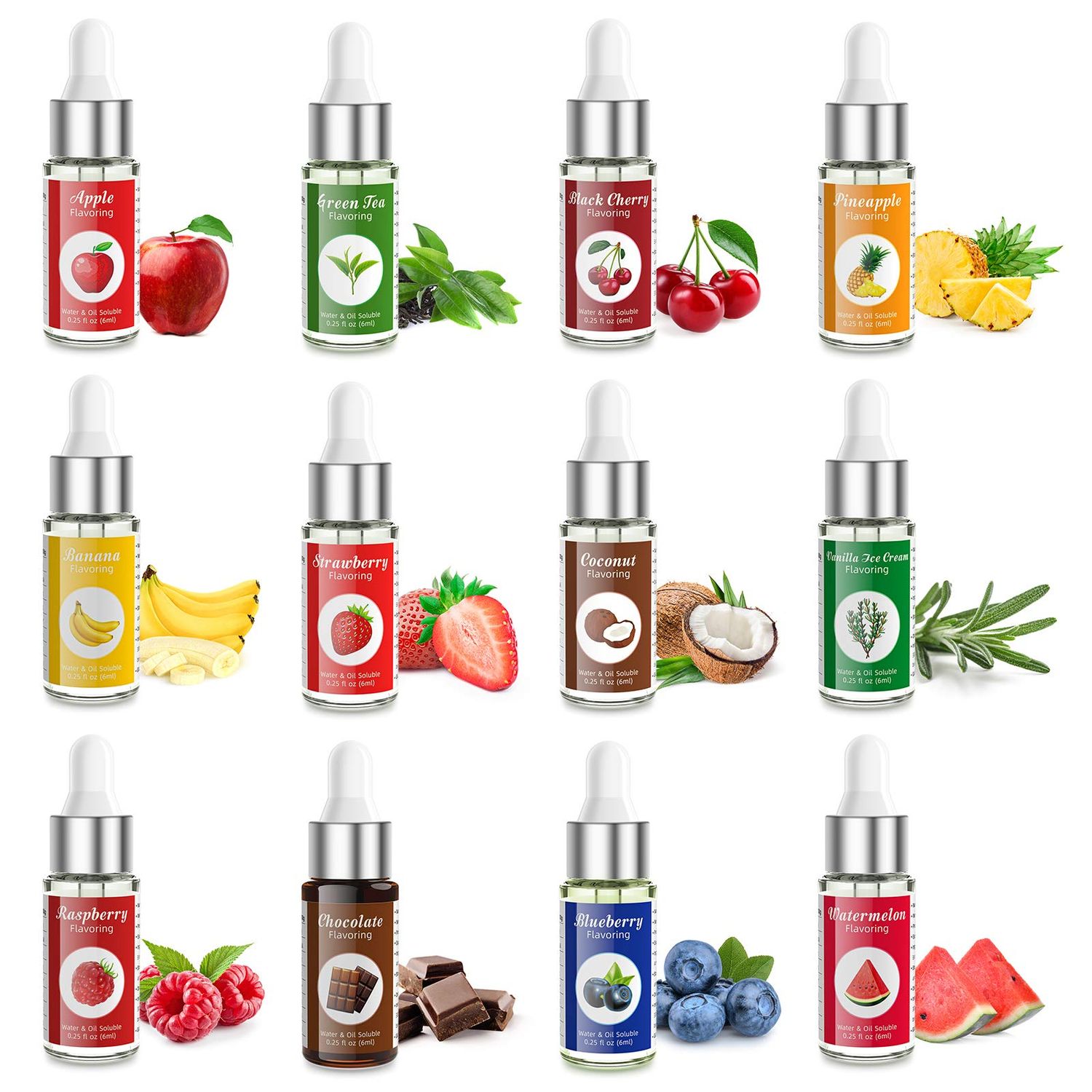 Nomeca Food Flavoring Oil, Candy Flavors Strawberry Chocolate Vanilla Flavoring Extract for Baking Cooking and Lip Gloss Making, Water &amp; Oil Soluble - .2 Fl Oz / 6 ml with Droppers (Pack of 12)