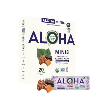 ALOHA Organic Plant Based Protein Bar MINIS |Caramel Chocolate Pecan | 20 Count, 24g Bars | Vegan, Low Sugar, Gluten Free, Low Carb, Non-GMO, Stevia Free, Soy Free, No Sugar Alcohols