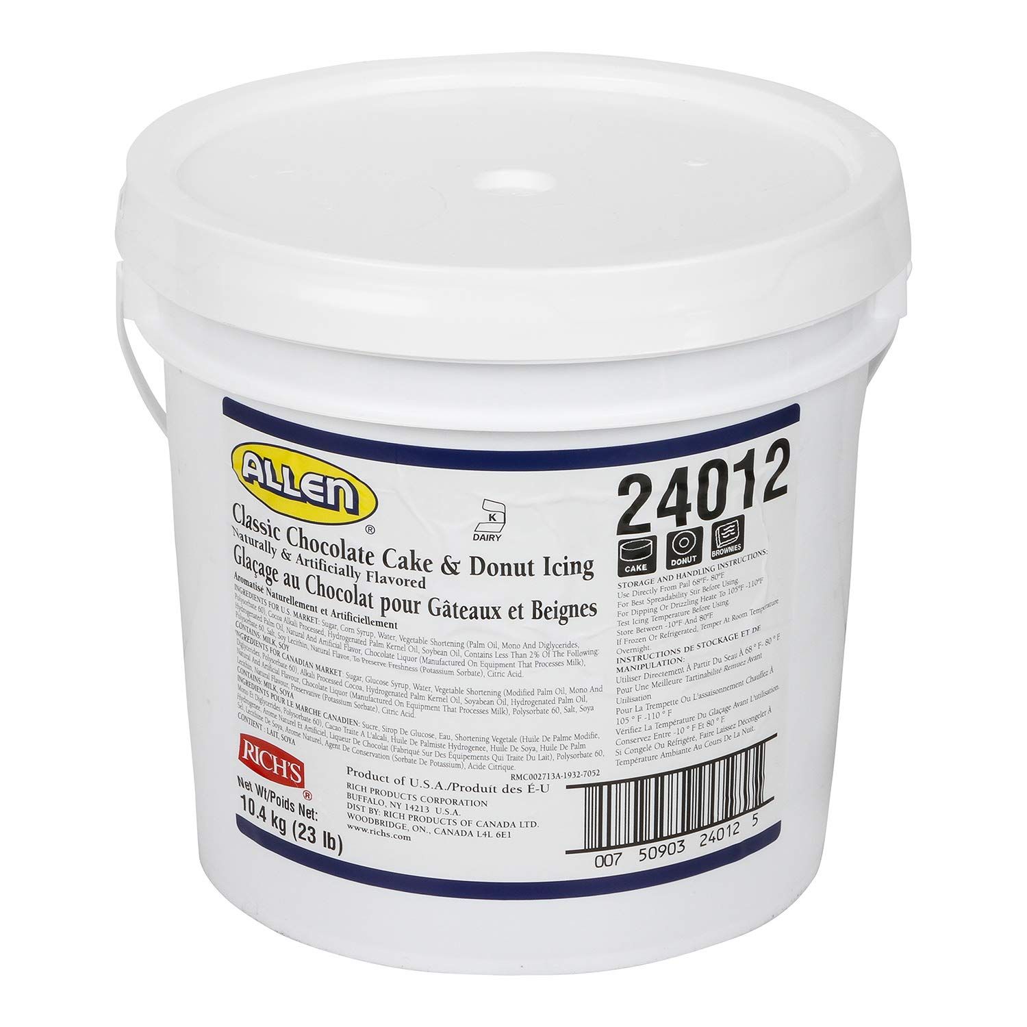 Rich&#39;s JW Allen Classic Cake &amp; Donut Icing, 23 lb Pail, Chocolate, 368 Ounce