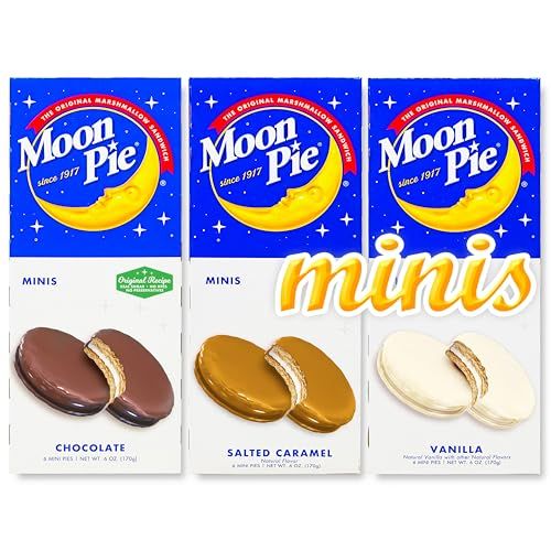 Moon Pie Minis Variety Pack of 3 Flavors (Chocolate, Vanilla, Caramel). 18 Total Pies Individually Wrapped. Moonpie Mini. Since 1917.