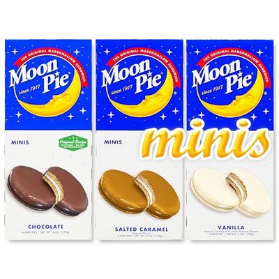 Moon Pie Minis Variety Pack of 3 Flavors (Chocolate, Vanilla, Caramel). 18 Total Pies Individually Wrapped. Moonpie Mini. Since 1917.