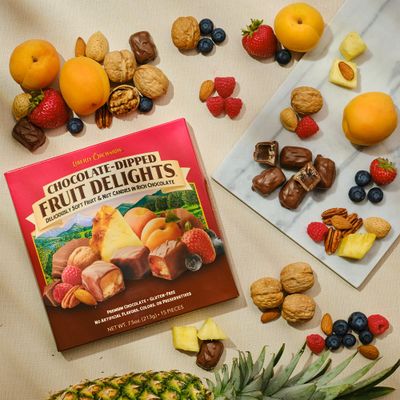 Liberty Orchards, Chocolate Dipped Fruit Delights - Gourmet Chewy Gift Box Candies, Pineapple Apricot &amp; Walnut Sweet, Chocolate Turkish Delight Candy 7.5 Oz