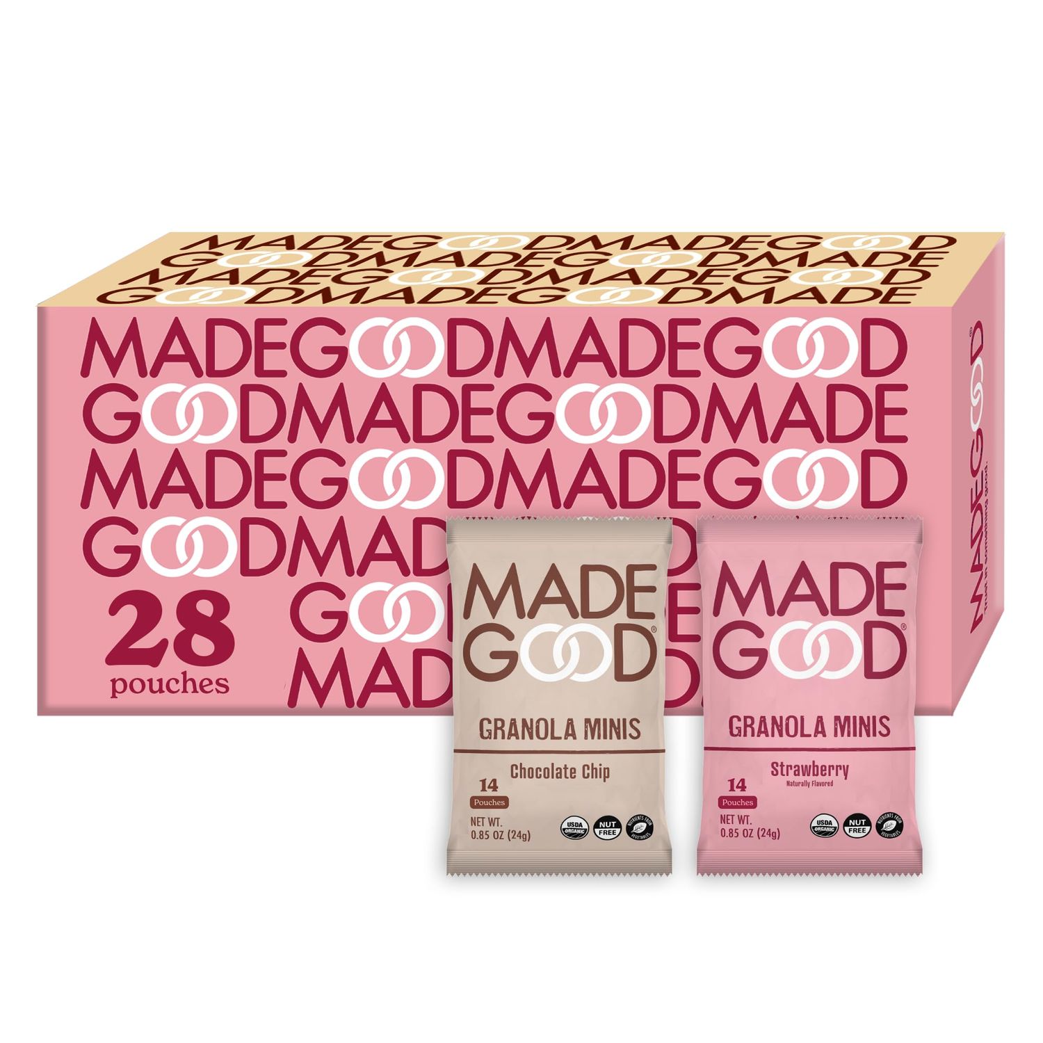 MadeGood Granola Minis Chocolate Chip &amp; Strawberry Variety Pack (28 Count) Gluten Free and Organic Snacks
