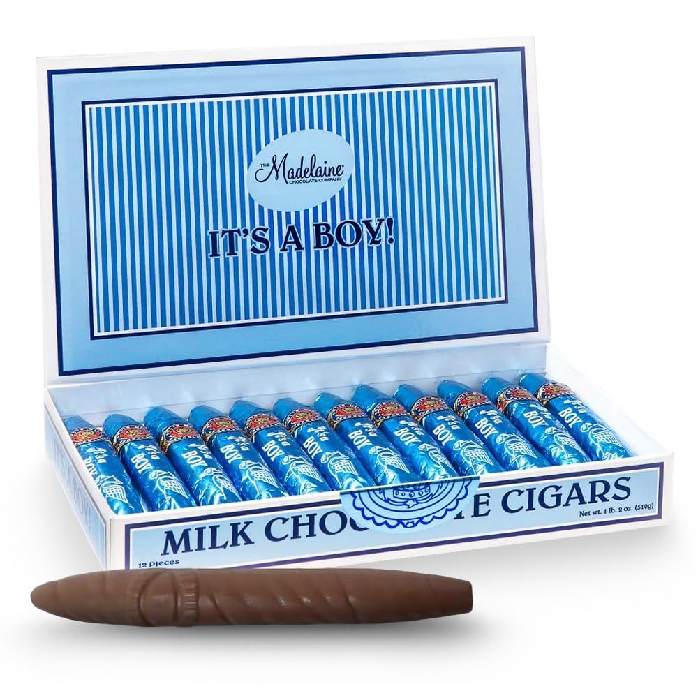 Madelaine Solid Premium Milk Chocolate It's a Boy Baby Shower Favors Gift Box - Made with Cocoa Bean &amp; Swiss-Formulated Chocolate - 12 Count Individually Wrapped in an Elegant Hard Box