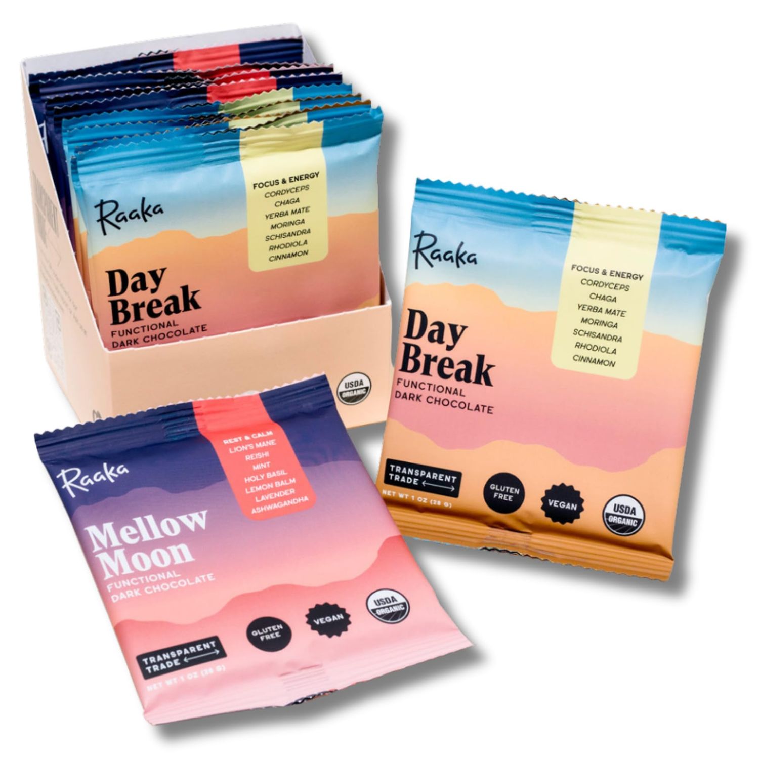 Raaka Functional Mushroom Day Break &amp; Mellow Moon | Day Break for Morning Focus &amp; Energy | Mellow Moon for Evening Rest &amp; Calm | 10 Adaptogen Chocolate Bars