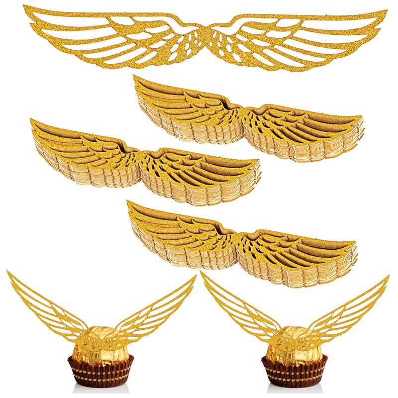 Piriuuo 100 Pcs Wizard Party Chocolate Decoration Golden Wing Cupcake Toppers with Glue Point Dots Chocolate Gold Decor Shiny Cake Party Decorations for Birthday Wizard Theme Party Supplies