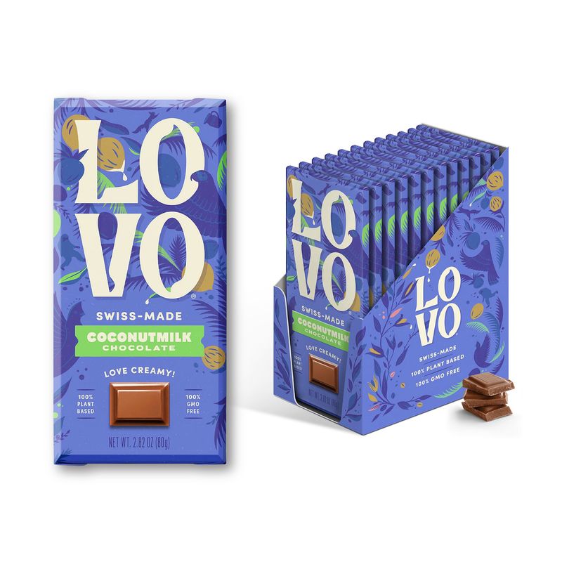LOVO Coconutmilk Chocolate, 100% Plant-based, Vegan, Non GMO, Gluten-Free, Swiss Made. 2.82 oz (Pack of 12)