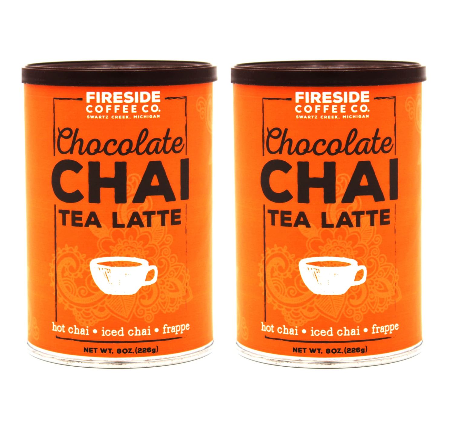 Fireside Coffee Company - Chocolate Chai Tea Latte - 2 Pack of 8oz Canisters - Easy Instant Flavored Chai Tea Served as Hot Chai, Iced Chai, or Frappe - Chocolate Chai Tea Latte