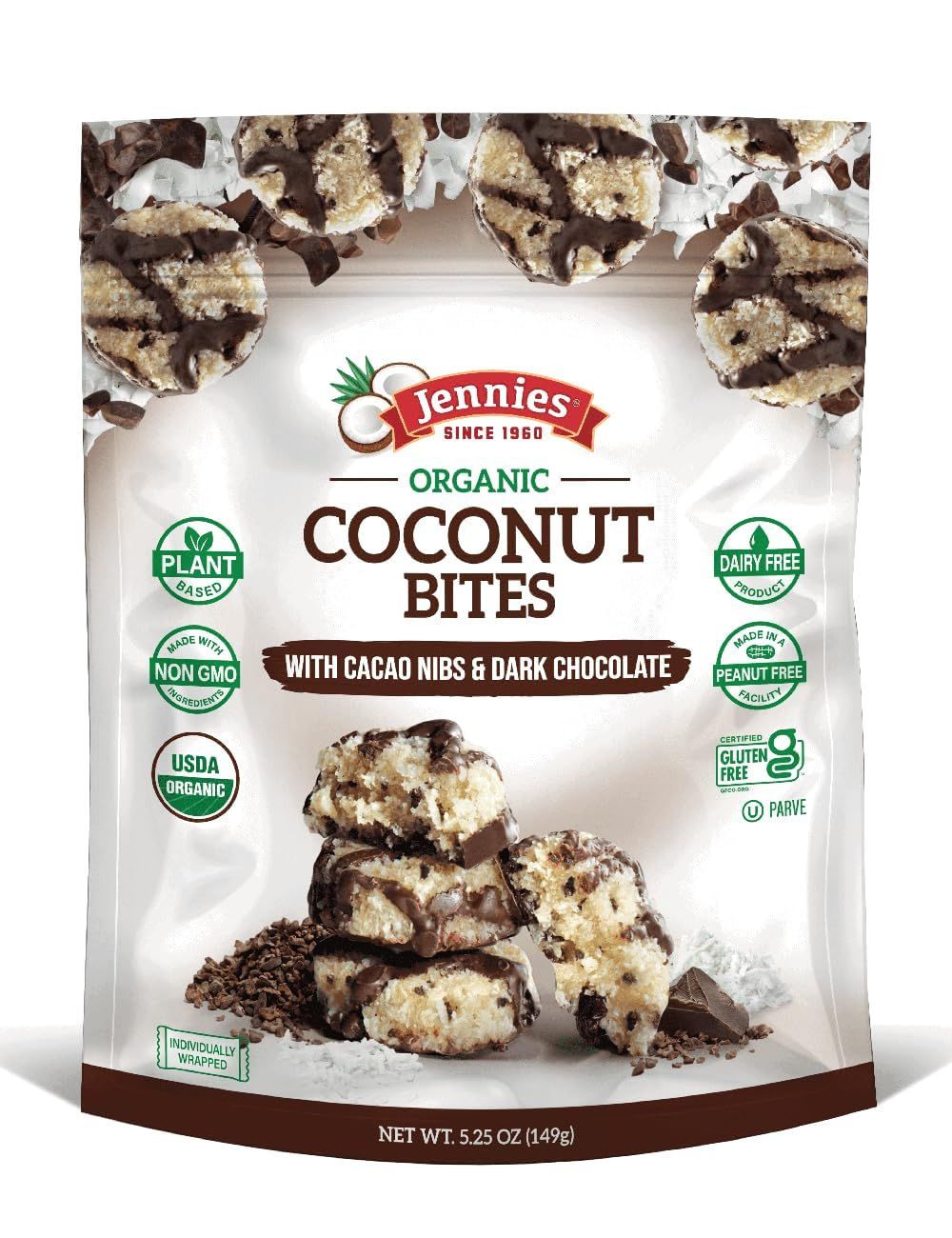 Jennies Organic Coconut Bites with Cacao Nibs and Dark Chocolate, 5.25oz (6 Pack) | Gluten Free | Peanut Free | Dairy Free | Non GMO