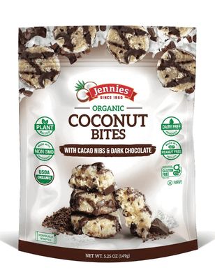 Jennies Organic Coconut Bites with Cacao Nibs and Dark Chocolate, 5.25oz (6 Pack) | Gluten Free | Peanut Free | Dairy Free | Non GMO