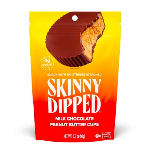 SkinnyDipped Milk Chocolate Peanut Butter Cups, 4g Sugar, Low Sugar, No Palm Oil, Gluten Free, 3.2oz Bag, 1 Pack (6 Cups Total)