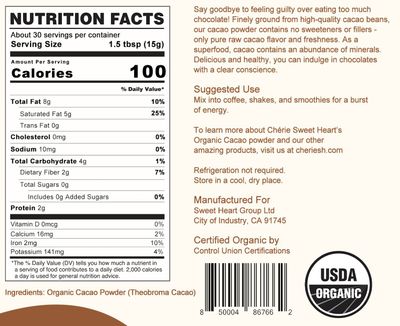 Cherie Sweet Heart Cacao Powder (16 Ounces / 1 Pound) Cocoa Chocolate Substitute, Certified Organic, Sugar-Free, Keto, Vegan &amp; Non-GMO, Antioxidant Superfood