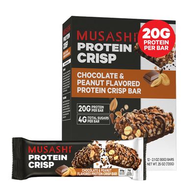 MUSASHI Protein Crisp Bar, 20g Protein, 4g Total Sugars, Chocolate &amp; Peanut, Post Workout and Protein Snack On The Go, 12 Pack of 2.1oz (60g) Bars