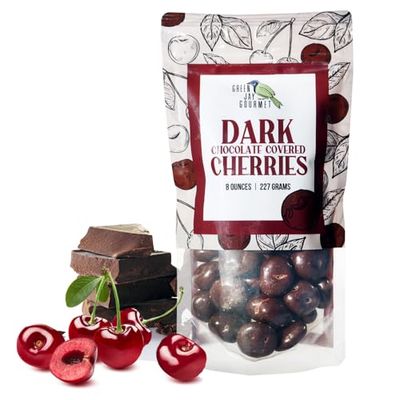 Green Jay Gourmet Dark Chocolate Cherries - Handmade &amp; Fresh Dark Chocolate Covered Cherries from Michigan - Great Gift for Chocolate Lovers - 8 Ounce Resealable Bag