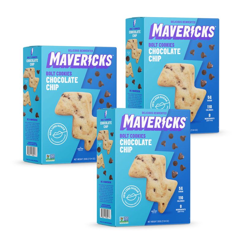 Mavericks Chocolate Chip Bolt Cookies - Healthy Cookies, Dairy Free Cookies, Vegan Friendly Chocolate Chip Cookies for Kids, Plant Based Chocolate Snack, Nut Free, 40% Less Sugar - 7 oz Box (3 Pack)