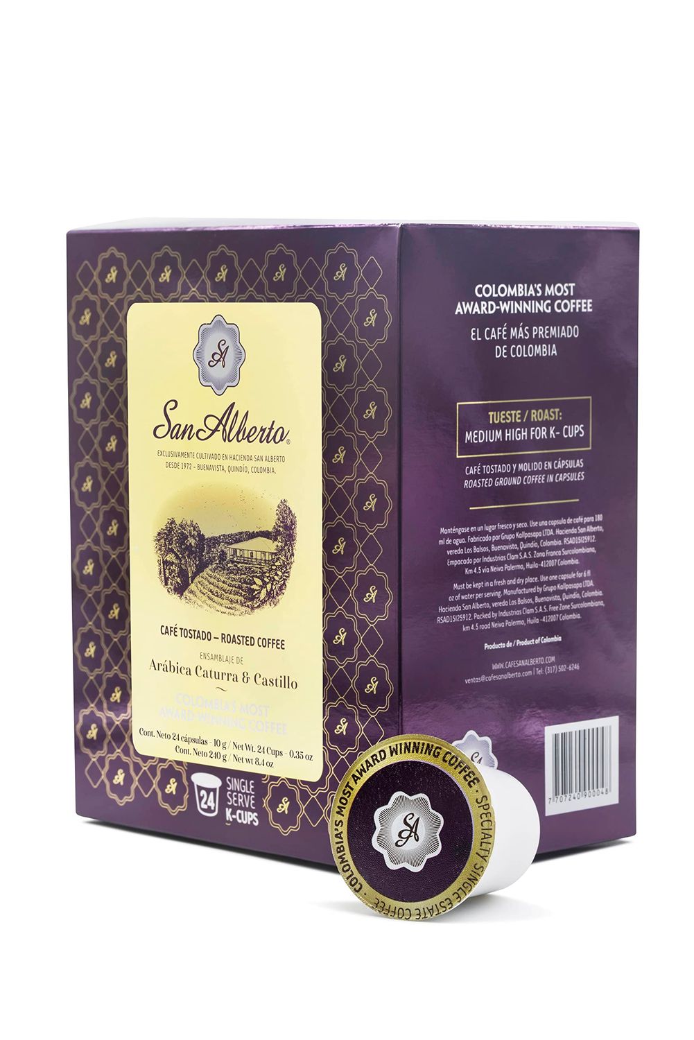 San Alberto Coffee K-Cups - 100% Arabica Colombian Medium Roast Coffew with Chocolate Notes &amp; Medium Acidity - 24 Pods