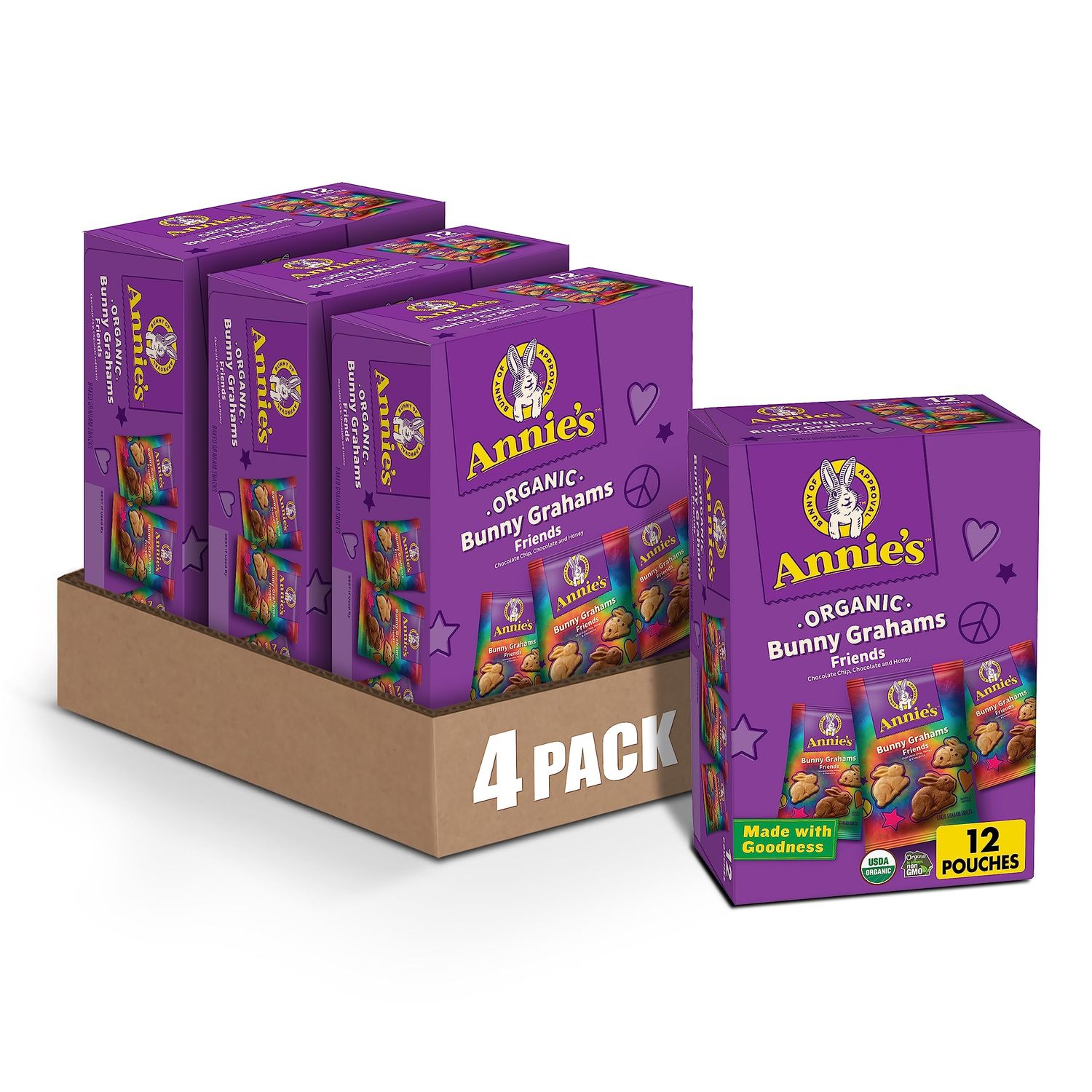 Annie&#39;s Organic Friends Bunny Grahams, Chocolate Chip, Chocolate, and Honey Baked Graham Snacks, 12 Pouches, 12 oz (Pack of 4)