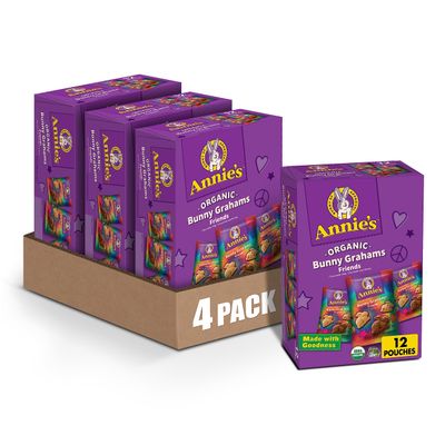 Annie&#39;s Organic Friends Bunny Grahams, Chocolate Chip, Chocolate, and Honey Baked Graham Snacks, 12 Pouches, 12 oz (Pack of 4)