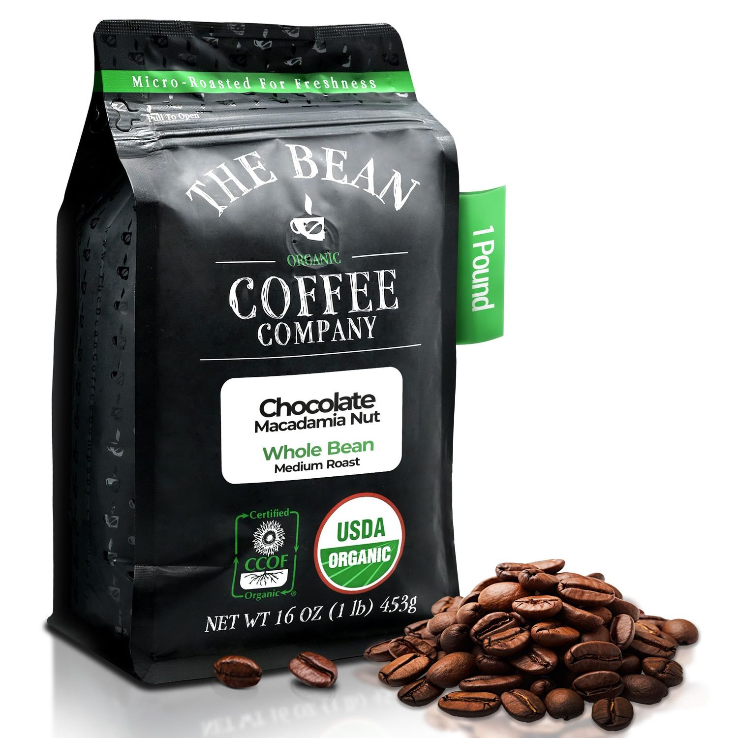 The Bean Organic Coffee Company Chocolate Macadamia Nut, Medium Roast, Whole Bean Coffee, 16-Ounce Bag