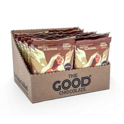 The Good Chocolate - Salted Almonds Keto Chocolate Squares, Zero Sugar, Lower Net Carb Snack, Lower Calorie, Vegan Chocolate Candy, 24 Square Family Pack