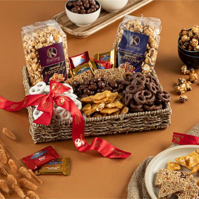KREMERY Creamy Chocolate Cravings, Valentines Chocolate Covered Pretzels &amp; Caramel Popcorn Gift Basket in Seagrass Tray + Ribbon Premium (2.5 lbs) Birthday Sweet Treat Kosher Dairy