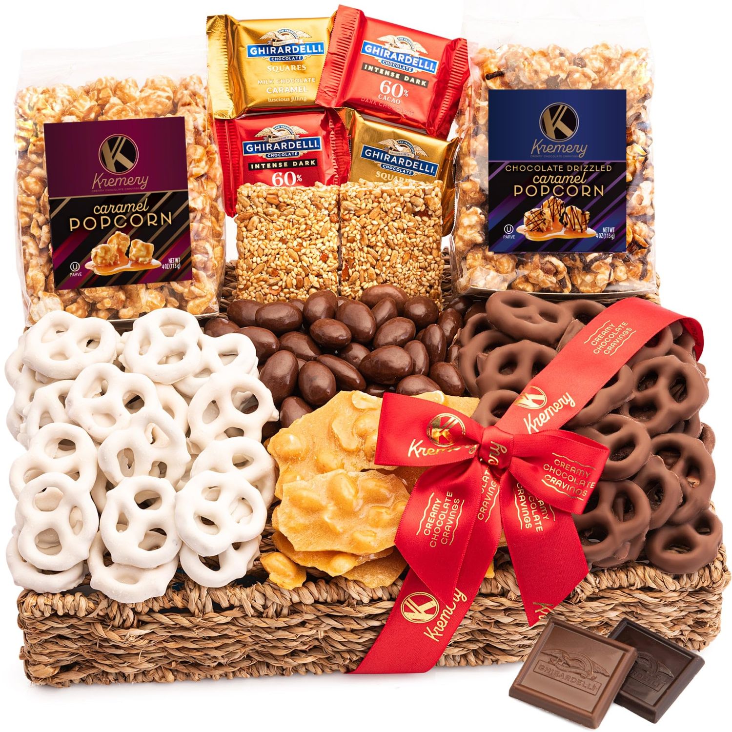 KREMERY Creamy Chocolate Cravings, Valentines Chocolate Covered Pretzels &amp; Caramel Popcorn Gift Basket in Seagrass Tray + Ribbon Premium (2.5 lbs) Birthday Sweet Treat Kosher Dairy