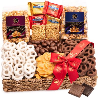 KREMERY Creamy Chocolate Cravings, Valentines Chocolate Covered Pretzels &amp; Caramel Popcorn Gift Basket in Seagrass Tray + Ribbon Premium (2.5 lbs) Birthday Sweet Treat Kosher Dairy