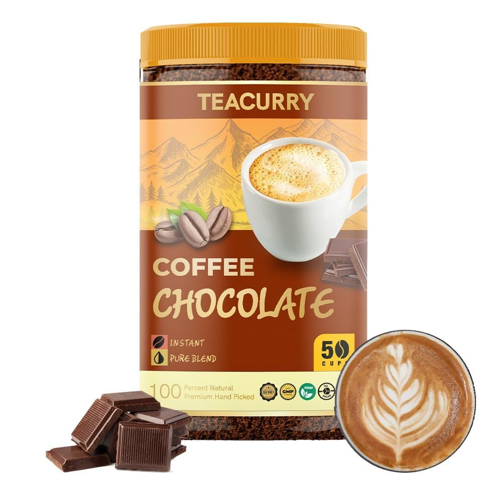 Teacurry Pure Chocolate Instant Coffee (50 Grams, 50 Cups) - Freeze Dried from 100% Arabica Coffee Beans | Black Coffee with Natural Chocolate - For Hot Coffee and Cold Coffee