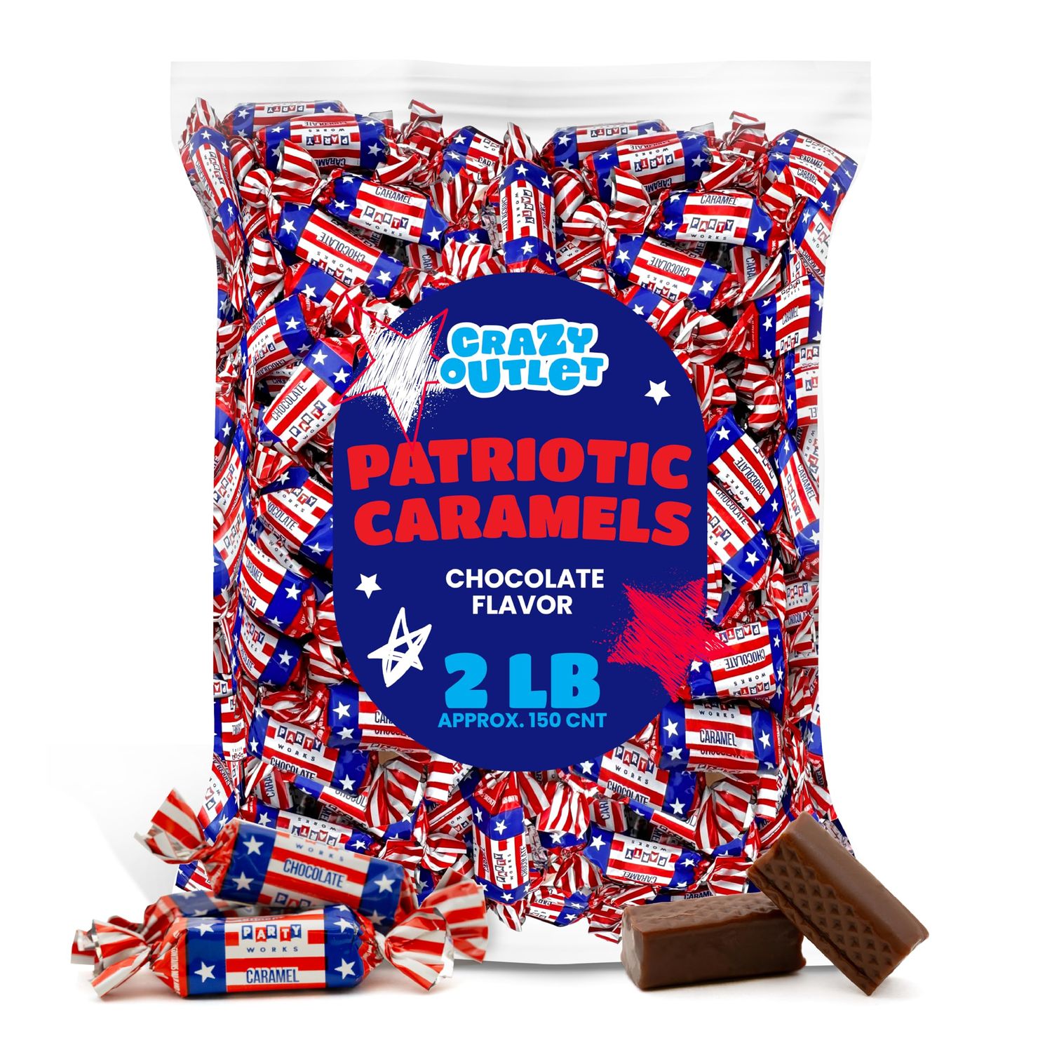Patriotic Candy 2 Pounds - Chocolate Flavored Caramels - Independence Day Taffies - USA Flag Colors - Bulk Pack (150 Count)