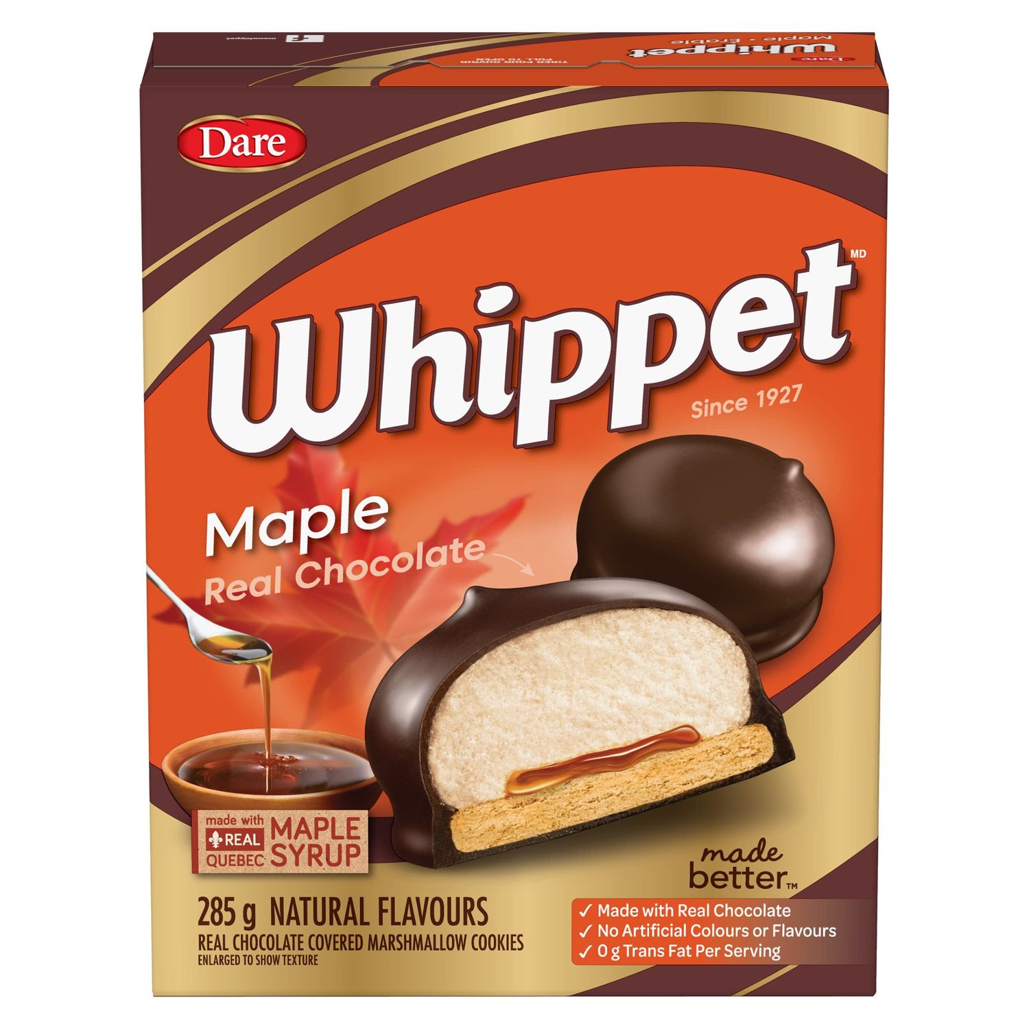 Whippet Maple - Classic Quebec Treat with a Chewy Marshmallow Centre, Soft Cookie Base and a Sweet Maple Centre Covered in a Real Chocolate Coating 285g Unit Pack