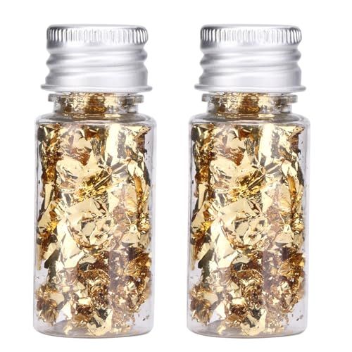 2 Bottles Gold Foil Flakes, Bottled Gold Foil Paper, 5 Gram Decoration Edible Metallic Leaf Flakes for Cupcake, Cakes, Chocolates, Food Decoration